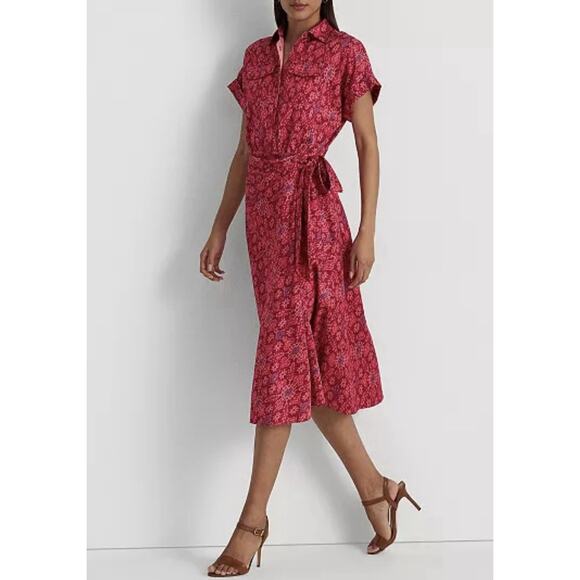 Lauren Ralph Lauren Dress Womens 4 Midi Fuchsia Geo-Print Shantung Tie-Waist - Picture 2 of 12